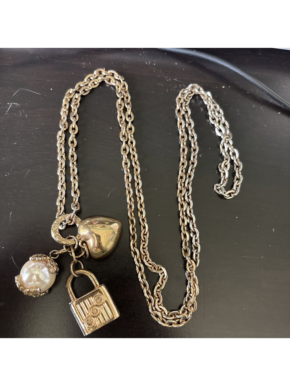 Gold Tone Heart Padlock Faux Pearl Charm Necklace 36 Inch Long Coquette Y2K